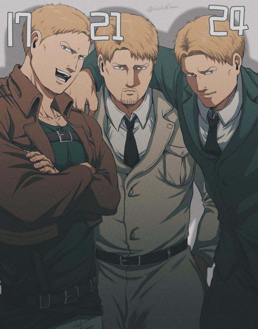 3boys, age_progression, arm_around_shoulder, belt, brown_belt, bun_(bbb81bun), chest_belt, clone