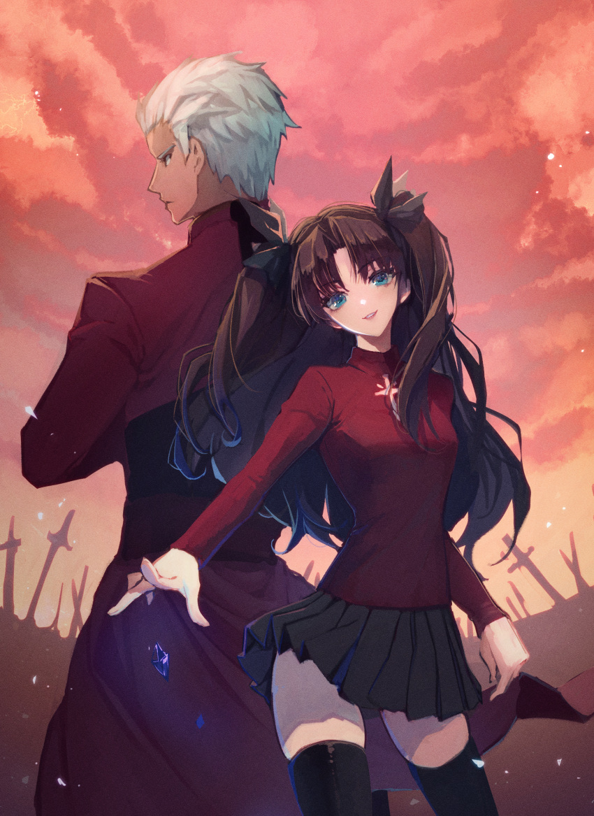 1boy, 1girl, absurdres, archer_(fate), back-to-back, bangs, black_bow, black_hair