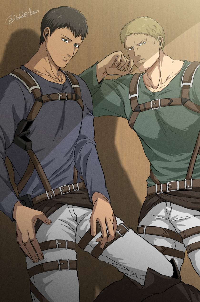2boys, bertolt_hoover, blue_shirt, bun_(bbb81bun), chest_belt, green_shirt, highres, looking_at_viewer