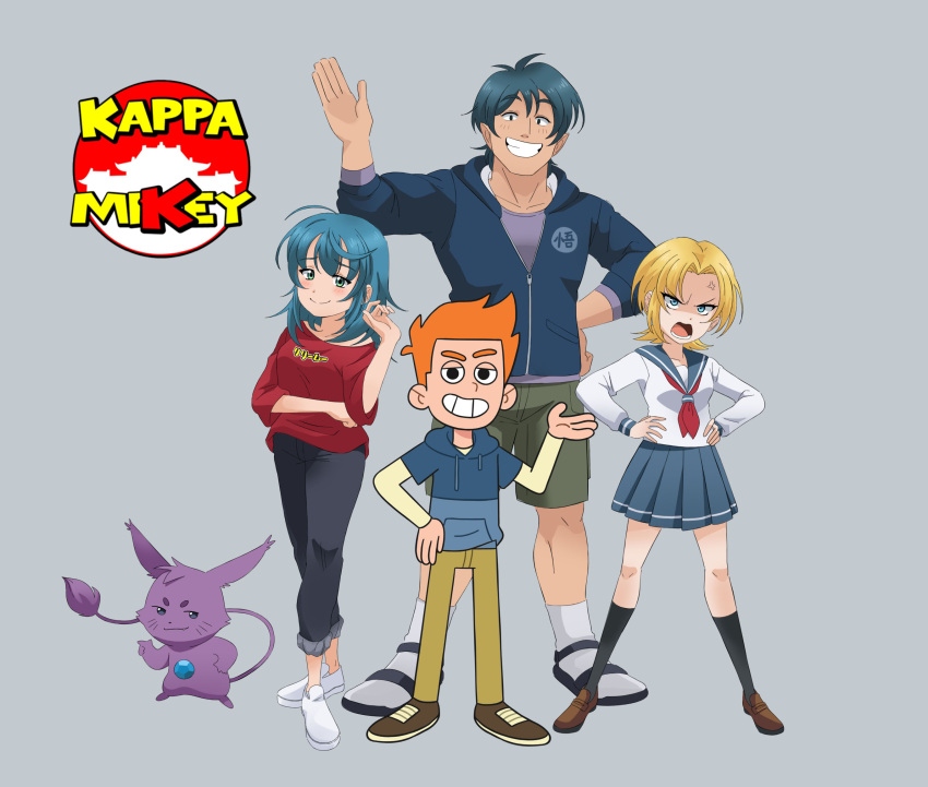 2boys, 2girls, alternate_design, anger_vein, angry, arm_up, beige_pants, black_legwear, blue_hair, blue_jacket, blue_pants, blue_sailor_collar, blue_shirt, blue_skirt, brown_footwear, cargo_shorts, collarbone, copyright_name, eyebrows_visible_through_hair, gem, gem_in_body, gonard_(kappa_mikey), green_shorts, grey_background, grin, guano_(kappa_mikey), hand_on_hip, hands_on_hips, highres, jacket, kappa_mikey, kiana_mai, light_blush, lily_(kappa_mikey), logo, long_hair, looking_at_viewer, mikey_simon, mitsuki_(kappa_mikey), multiple_boys, multiple_girls, neckerchief, open_mouth, pants, purple_fur, red_neckerchief, red_shirt, sailor_collar, sandals, school_uniform, serafuku, shirt, shoes, short_hair, shorts, simple_background, skirt, smile, socks, toon_(style), waving, whiskers, white_footwear, white_legwear, white_shirt, white_sleeves