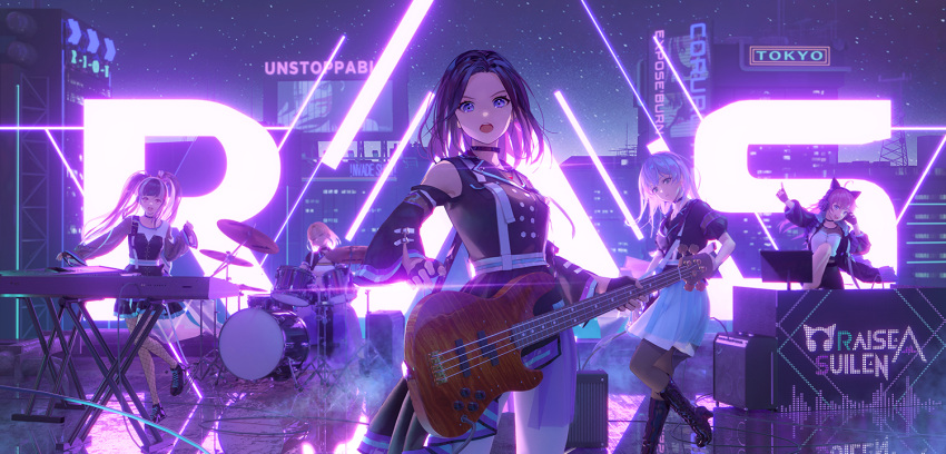 5girls, :d, ahoge, amplifier, arm_up, asahi_rokka, bang_dream!, bang_dream!_girls_band_party!, bangs, bare_shoulders, bass_guitar, black_choker, black_dress, black_footwear, black_gloves, black_hair, black_jacket, blonde_hair, blue_eyes, blue_hair, blue_skirt, blunt_bangs, boots, brown_legwear, building, buttons, cat_ear_headphones, choker, closed_eyes, closed_mouth, commentary, detached_sleeves, dress, drum, drum_set, electric_guitar, fingerless_gloves, fishnet_legwear, fishnets, gloves, guitar, hand_on_headphones, hand_up, hands_up, headphones, high_heel_boots, high_heels, holding, holding_instrument, index_finger_raised, instrument, jacket, keyboard_(instrument), knee_boots, layered_skirt, leg_up, long_hair, long_sleeves, looking_at_viewer, medium_hair, miniskirt, monitor, multicolored_hair, multiple_girls, music, night, night_sky, nyubara_reona, open_clothes, open_jacket, open_mouth, outdoors, outstretched_arm, pantyhose, parted_bangs, playing_instrument, raise_a_suilen, red_eyes, redamon, redhead, reflection, sato_masuki, satou_masuki, shirt, shoes, short_sleeves, sitting, skirt, sky, sleeveless, sleeveless_dress, smile, song_name, standing, standing_on_one_leg, star_(sky), tamade_chiyu, teeth, twintails, two-tone_hair, upper_teeth, v-shaped_eyebrows, wakana_rei, white_hair, white_shirt, wide_sleeves