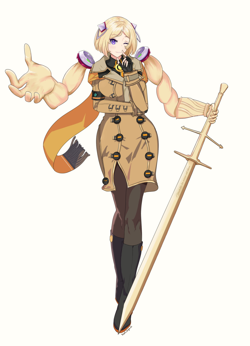 absurdres, aki-rose, aki_rosenthal, blonde_hair, coat, extentions, guilty_gear, guilty_gear_strive, hair, hair_weapon, highres, hololive, one_eye_closed, trolllogicworks, twintails, violet_eyes, weapon, white_background