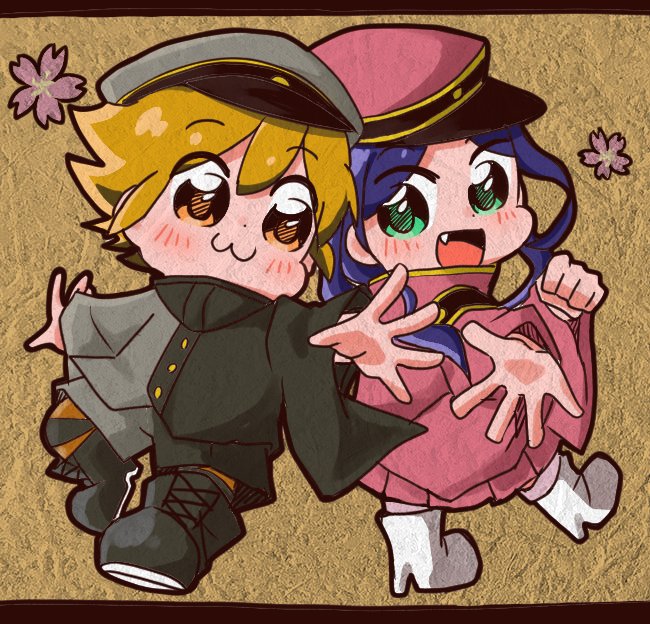 2girls, :3, :d, bangs, bkub_(style), black_footwear, black_jacket, black_shorts