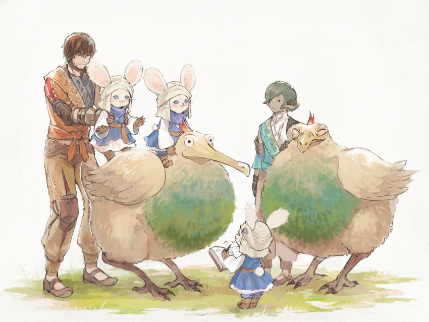 2boys, 3others, adventurer_(ff14), ambiguous_gender, animal_ears, au_ra, bangs, belt