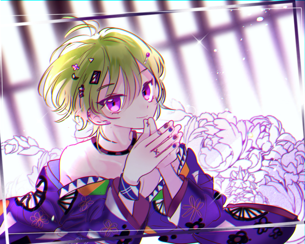 1boy, dear_vocalist, ear_piercing, flower, green_hair, hair_ornament, hairclip, japanese_clothes, jeje_(pixiv60670177), jewelry, looking_at_viewer, momochi_(dear_vocalist), nail_polish, pale_skin, piercing, ring, solo, violet_eyes