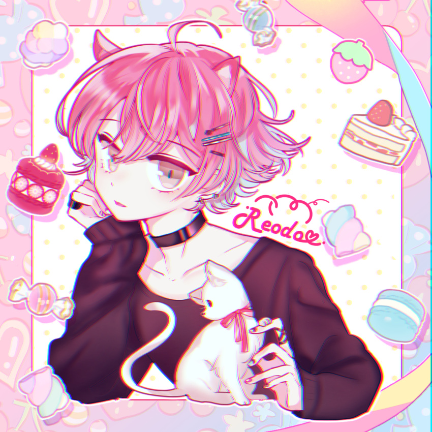 1boy, androgynous, black_shirt, blue_eyes, bow, cat, character_name, choker