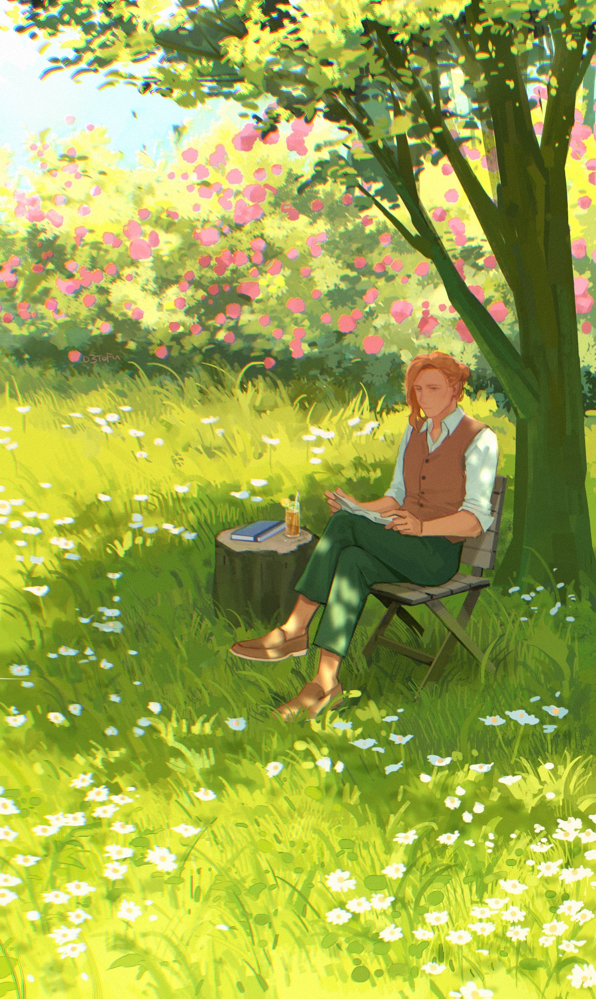 1boy, book, brown_footwear, brown_hair, cardigan_vest, chair, character_request, closed_mouth, collared_shirt, commentary, crossed_legs, cup, dappled_sunlight, day, drinking_straw, english_commentary, flower, grass, green_eyes, green_pants, hair_bun, highres, liquid, looking_down, o3tofu, outdoors, pants, reading, shirt, shoes, signature, solo, stardew_valley, sunlight, tree, tree_trunk, white_flower, white_shirt, wide_shot