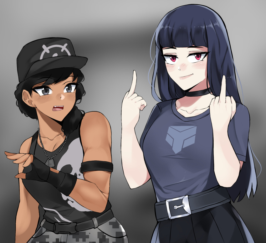 2girls, armband, belt, black_hair, charlotte_(fortnite), dog_tags, ehebai, fortnite