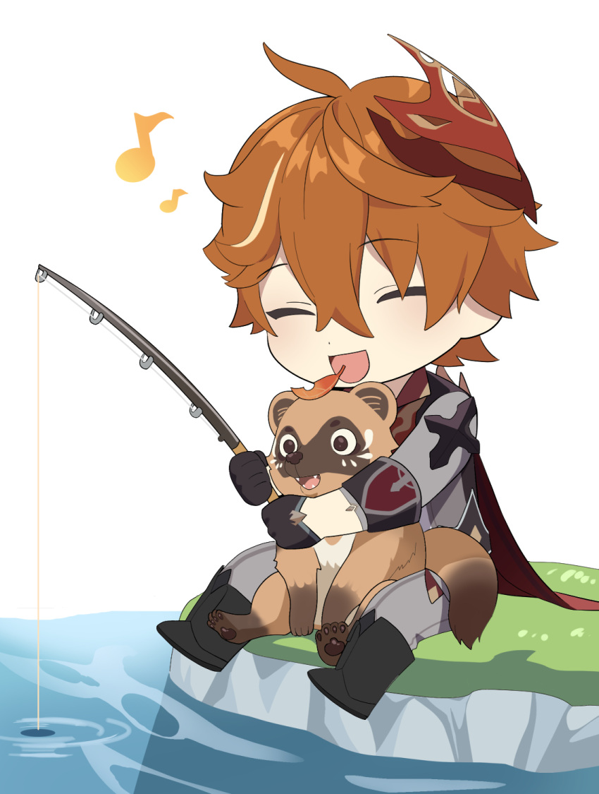 1boy, animal, bake-danuki_(genshin_impact), bangs, black_footwear, black_gloves, boots, chibi