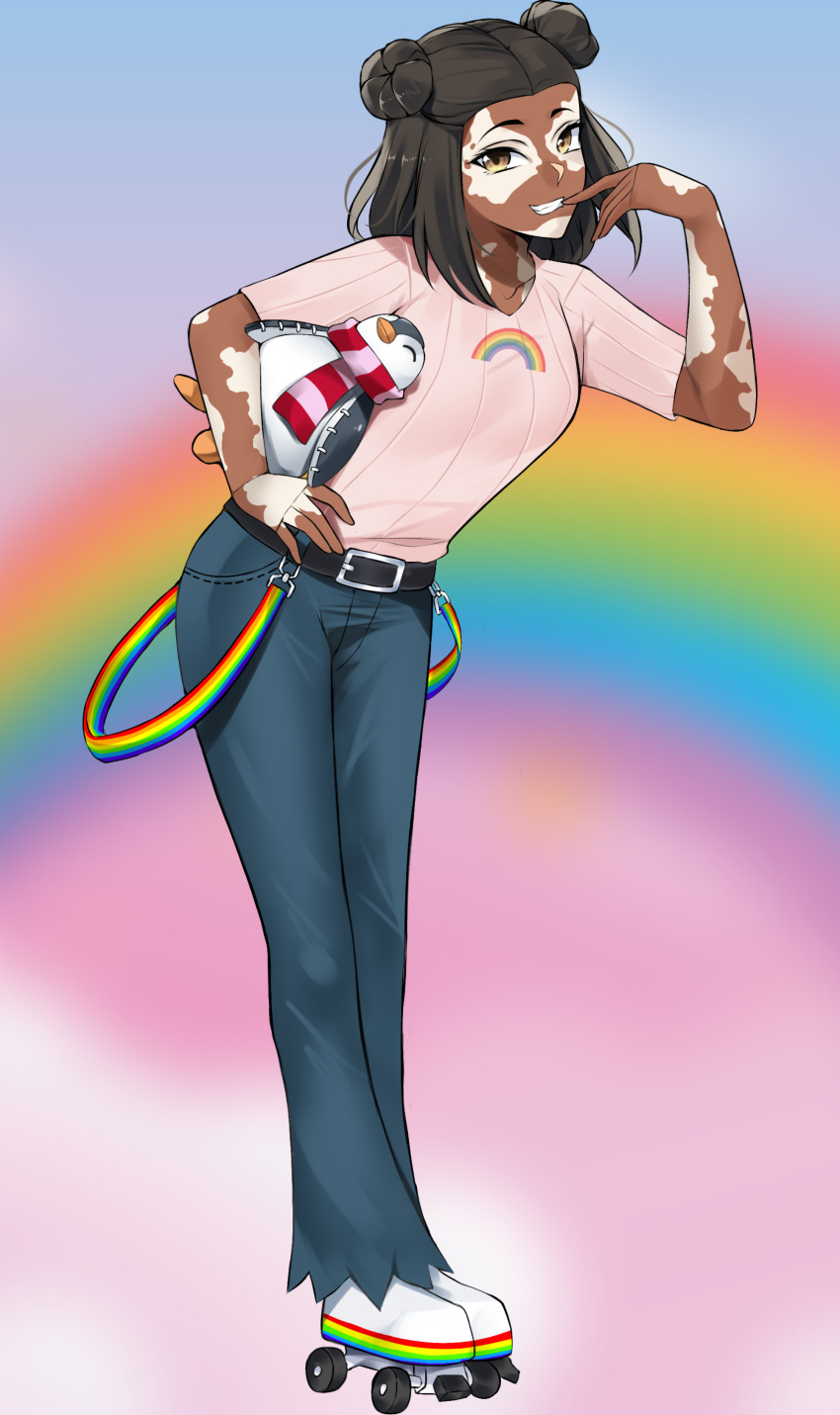 1girl, absurdres, belt, brown_eyes, brown_hair, double_bun, ehebai, fortnite