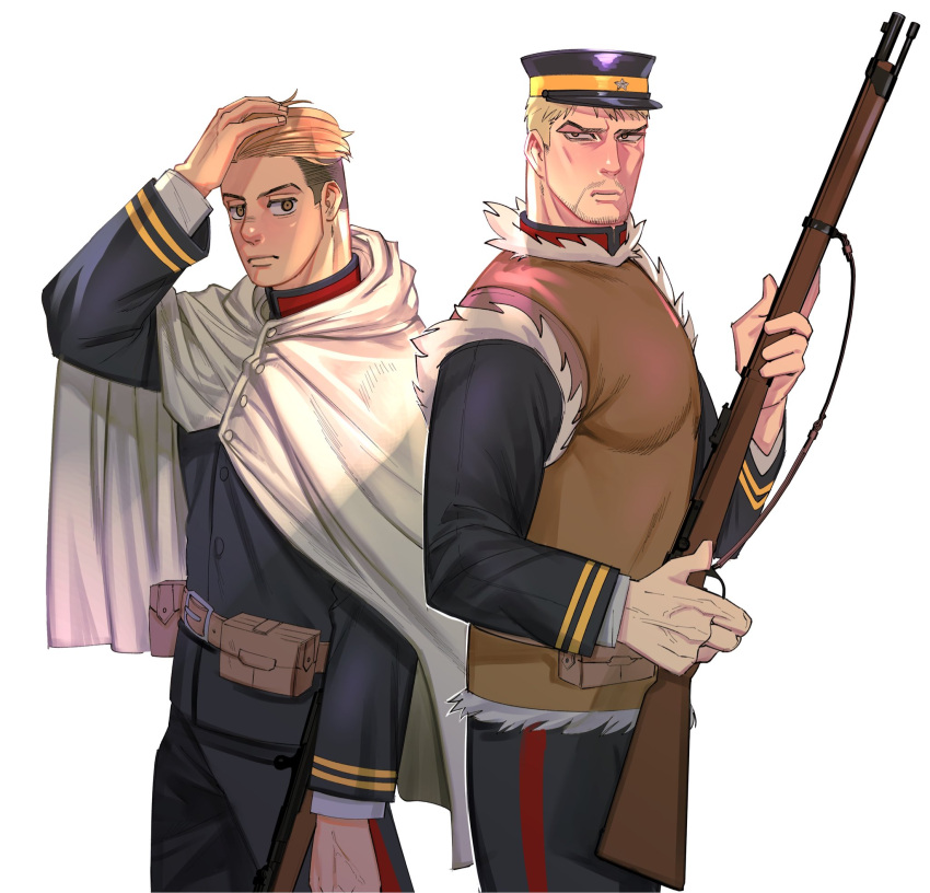 2boys, arisaka, blue_jacket, blue_pants, blush, bolt_action, buttons, cape, collared_jacket, cosplay, facial_hair, feet_out_of_frame, golden_kamuy, gun, hair_slicked_back, hand_in_hair, hat, highres, holding, holding_gun, holding_weapon, hood, hooded_cape, imperial_japanese_army, jacket, kepi, kyojinjoa, long_sleeves, looking_at_viewer, male_focus, military, military_hat, military_uniform, multiple_boys, ogata_hyakunosuke, ogata_hyakunosuke_(cosplay), pants, pectorals, porco_galliard, reiner_braun, rifle, shingeki_no_kyojin, short_hair, stubble, tanigaki_genjirou, tanigaki_genjirou_(cosplay), undercut, uniform, weapon, white_cape