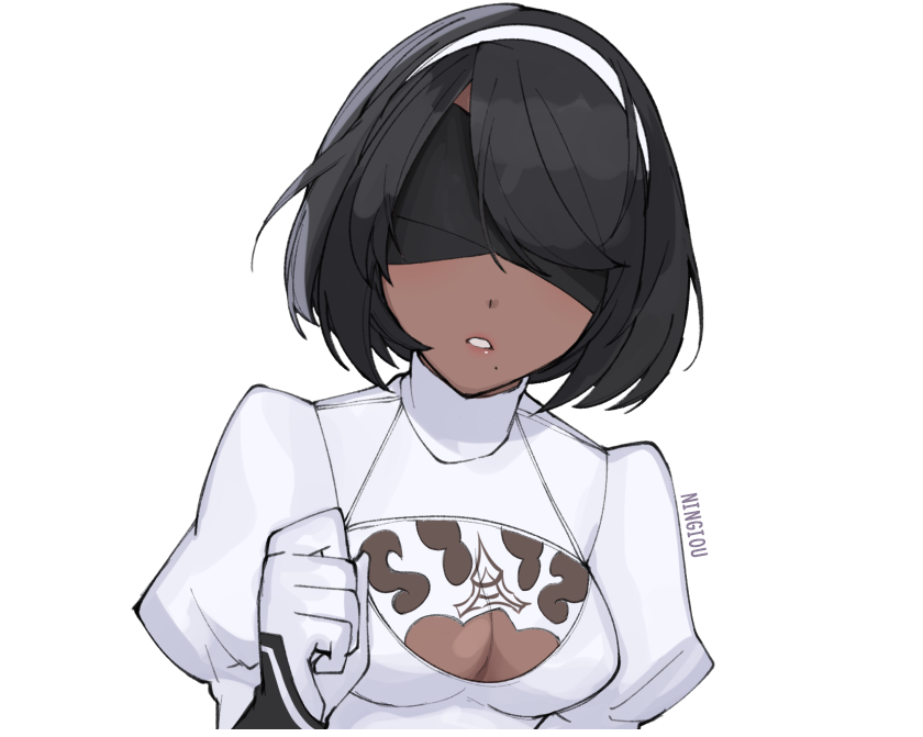 1girl, alternate_color, artist_name, black_blindfold, blindfold, breasts, closed_mouth, commentary