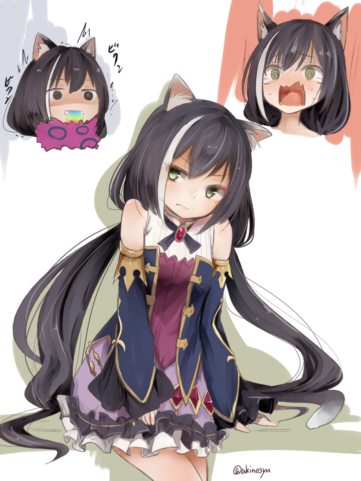 1girl, @_@, akino_shuu, animal_ear_fluff, animal_ears, bangs, black_hair, blue_sleeves