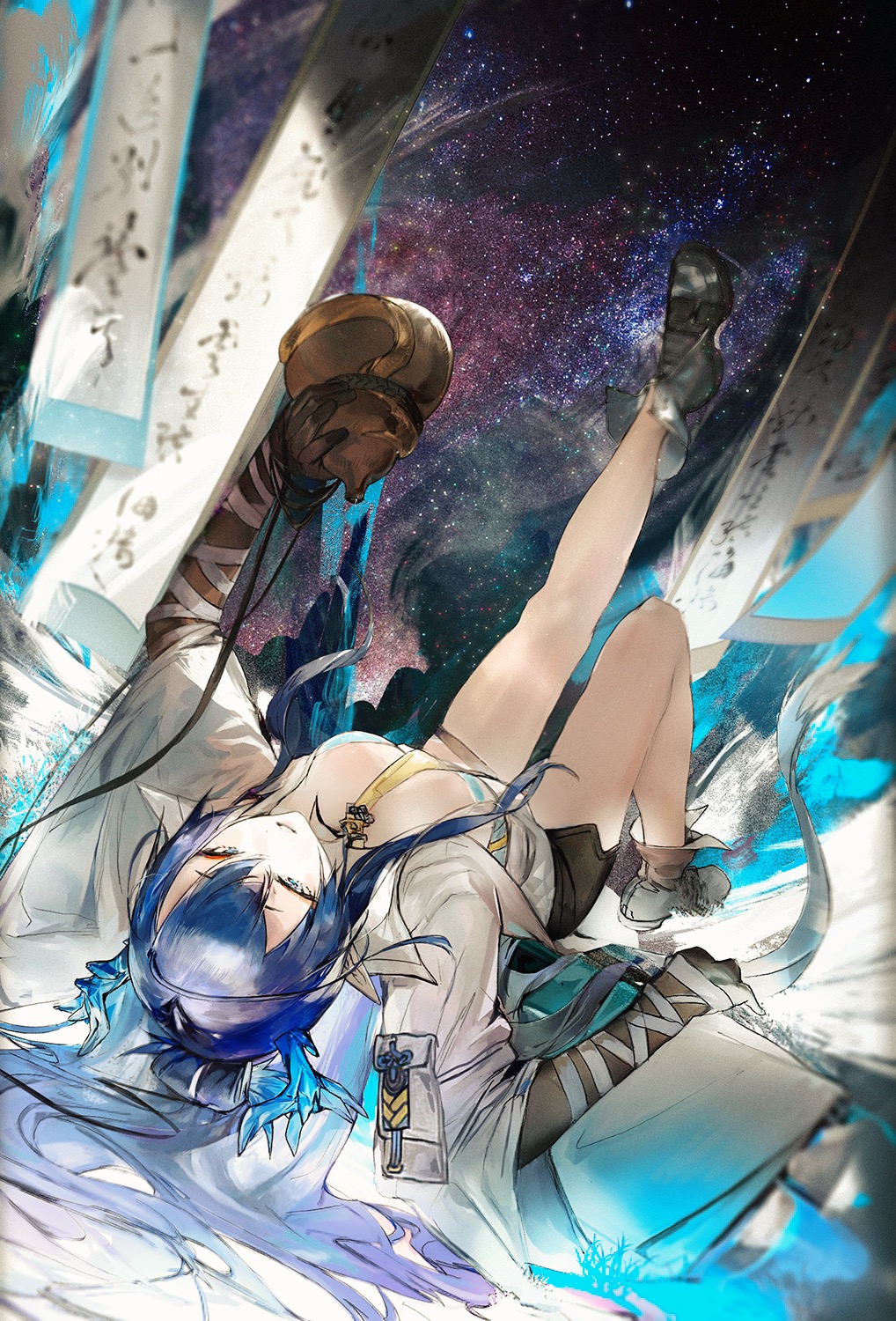 1girl, abstract_background, ankle_boots, arched_back, arknights, bangs, bare_legs, between_breasts