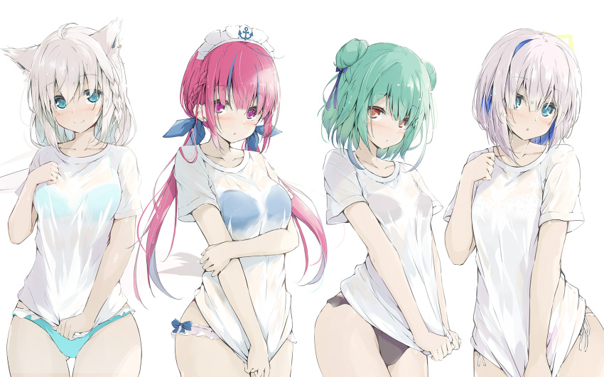 4girls, ahoge, amane_kanata, anchor_print, animal_ear_fluff, animal_ears, aqua_eyes, arm_under_breasts