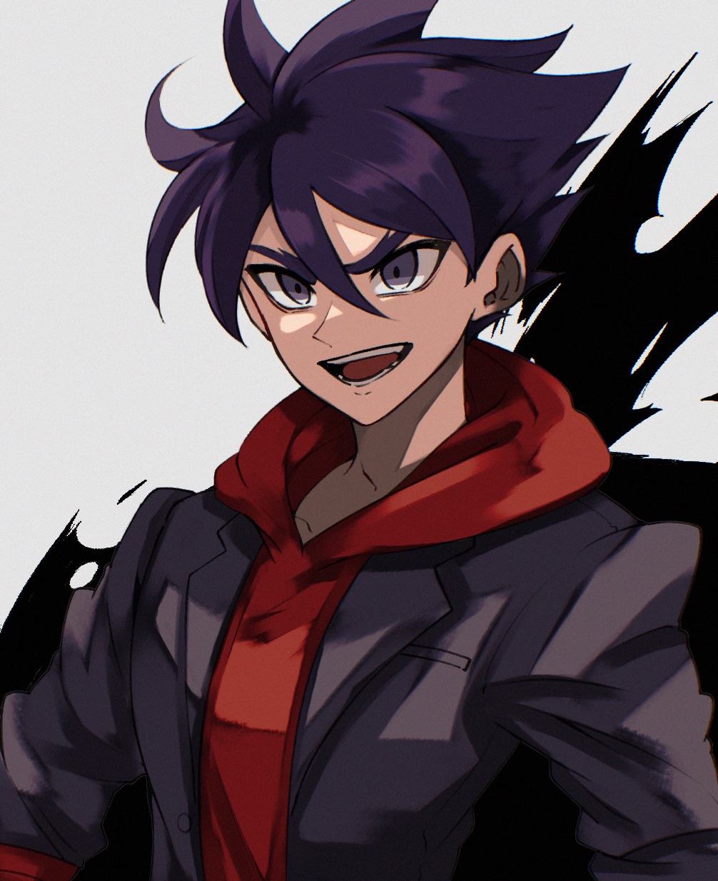 1boy, :d, black_jacket, grey_eyes, highres, hood, hood_down, hoodie, ichidaji_yamato, jacket, male_focus, megaton_musashi, purple_hair, red_hoodie, simple_background, smile, solo, spiky_hair, sumuna_sunaco, upper_body