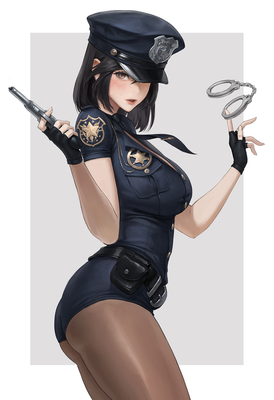 1girl, ass, belt, belt_buckle, belt_pouch, black_belt, black_gloves, black_hair
