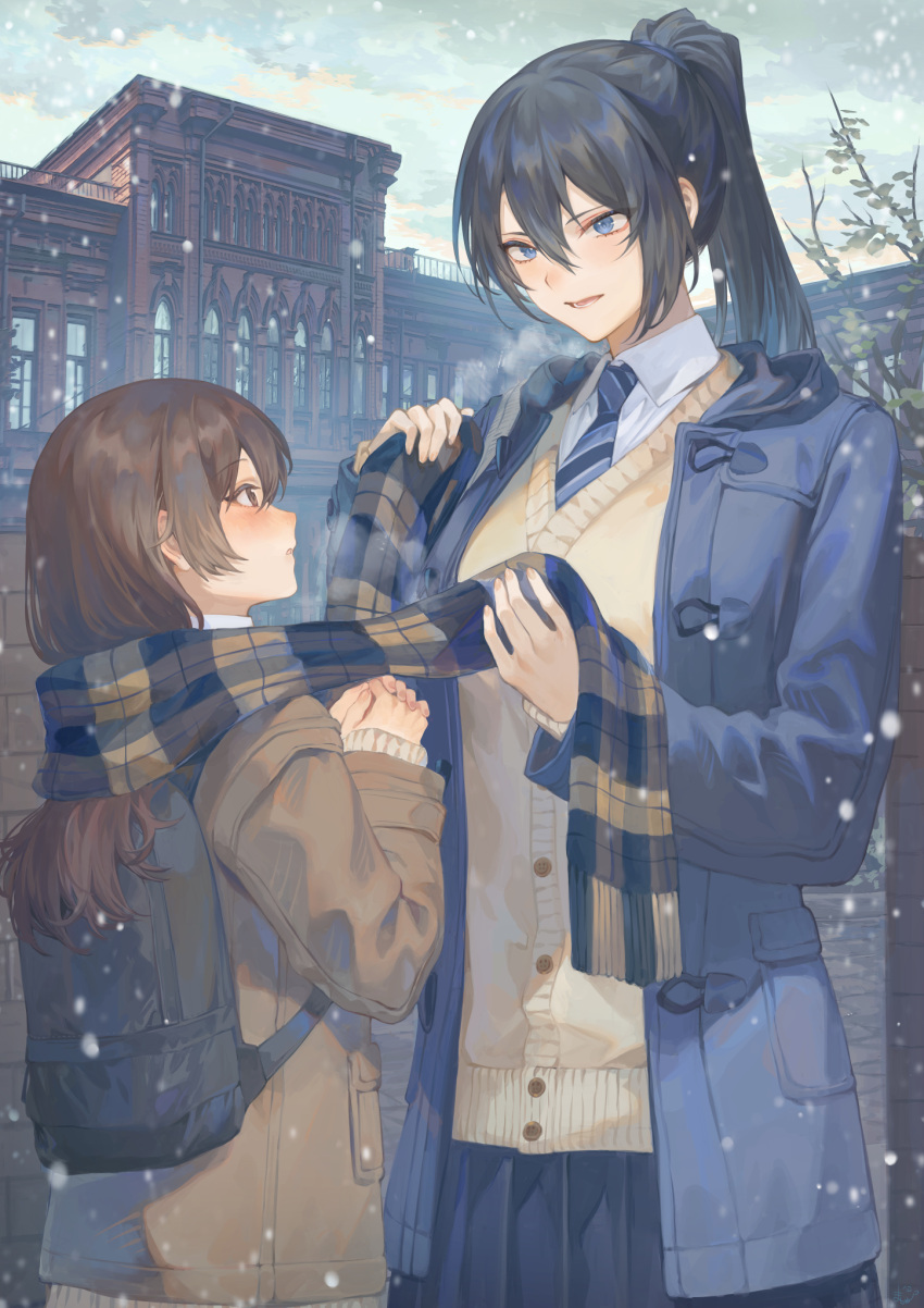 2girls, backpack, bag, bangs, black_bag, black_hair, blue_coat, blue_eyes, blue_necktie, blue_skirt, blush, brown_coat, brown_eyes, brown_hair, cardigan, coat, collared_shirt, commentary_request, cowboy_shot, hair_between_eyes, highres, long_hair, looking_at_another, mashuu_(neko_no_oyashiro), multiple_girls, necktie, oomikado_itsuki, open_clothes, open_coat, open_mouth, original, outdoors, own_hands_together, plaid, plaid_scarf, pleated_skirt, ponytail, scarf, school_uniform, shirt, skirt, snow, snowing, striped, striped_necktie, white_shirt, yellow_cardigan, yuri