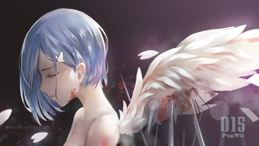 1girl, angel, angel_wings, artist_name, bare_shoulders, black_background, blood, blood_on_arm
