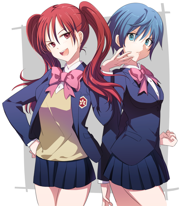 2girls, :d, blazer, blue_eyes, blue_hair, bow, clenched_hand, cota
