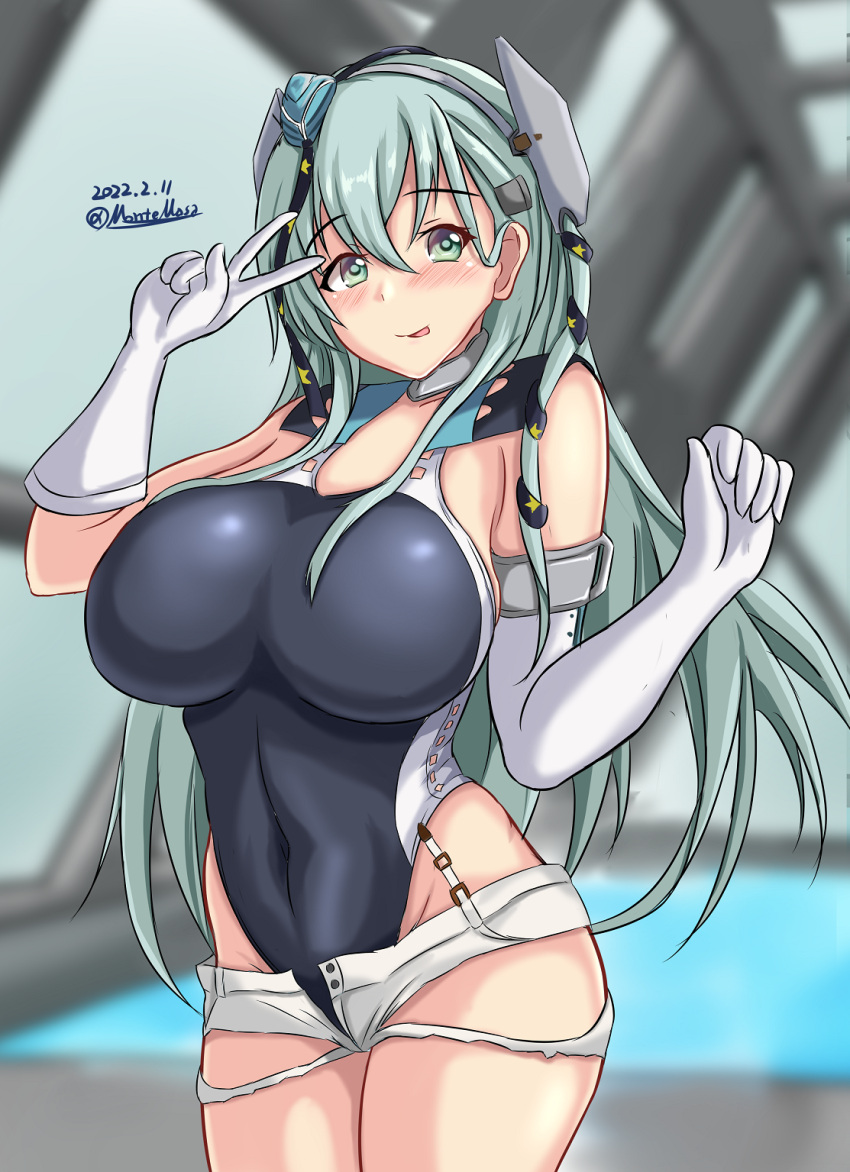1girl, :d, aqua_eyes, aqua_hair, aqua_headwear, aqua_neckerchief, asymmetrical_gloves, black_ribbon