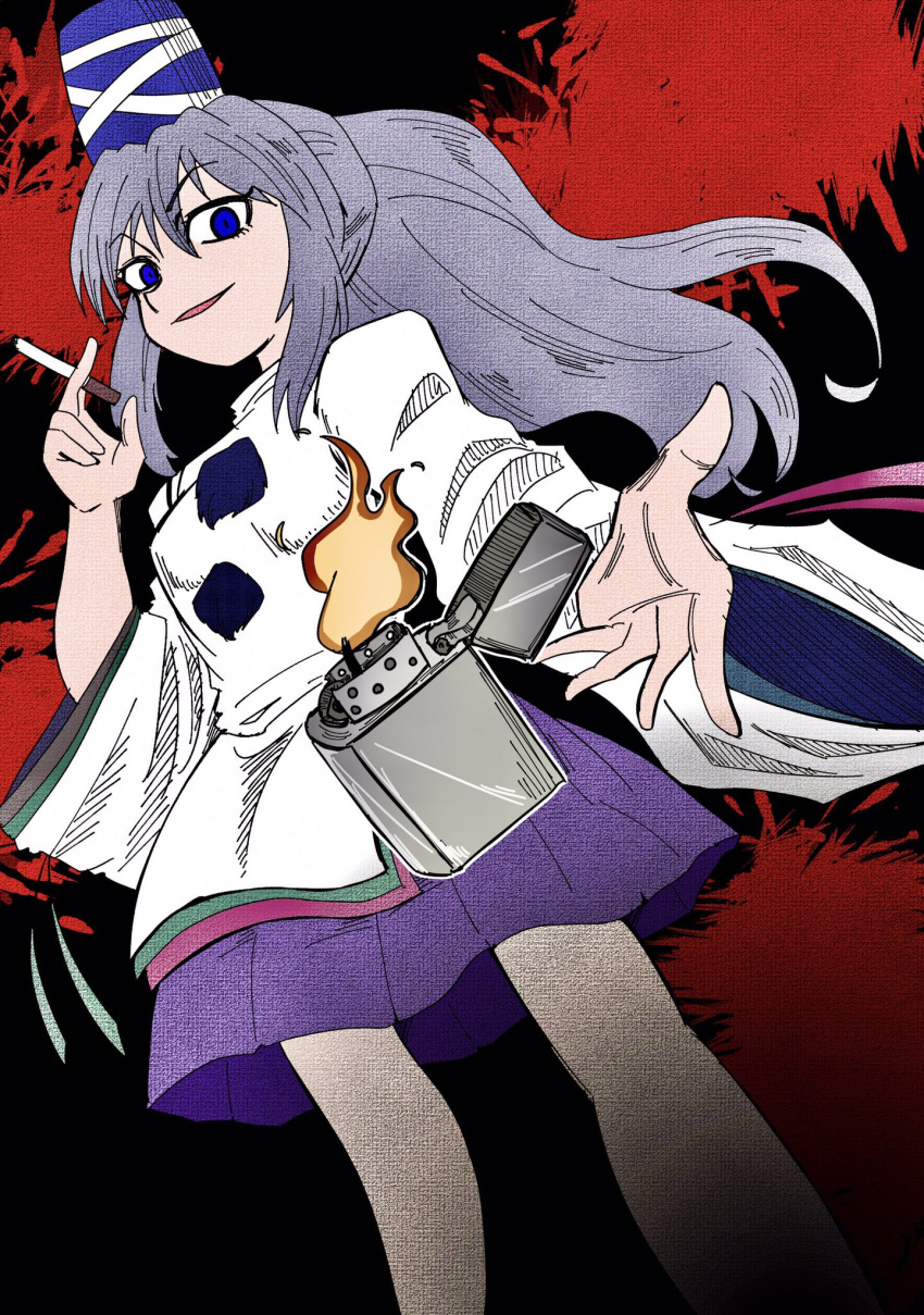 1girl, bangs, black_background, blood, blood_splatter, blue_eyes, cigarette, dropping