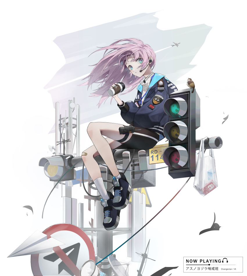 1girl, absurdres, aircraft, airplane, antenna_mast, badge, bag, bandaid