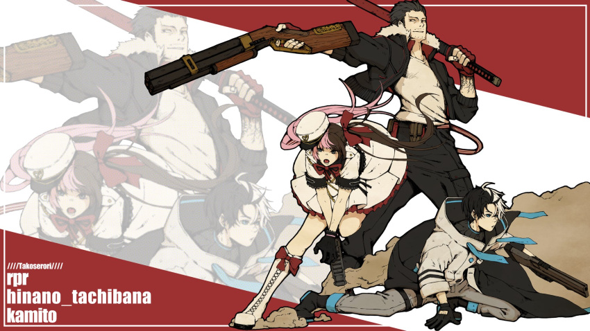 1girl, 2boys, apex_legends, b3_wingman, black_footwear, black_gloves, black_hair, black_jacket