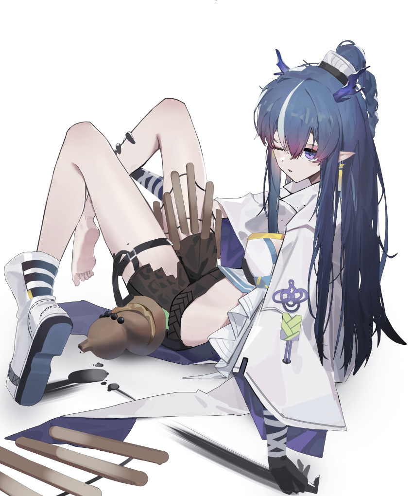 1girl, absurdres, alcohol, arknights, arm_support, asymmetrical_legwear, belt_buckle, black_shorts