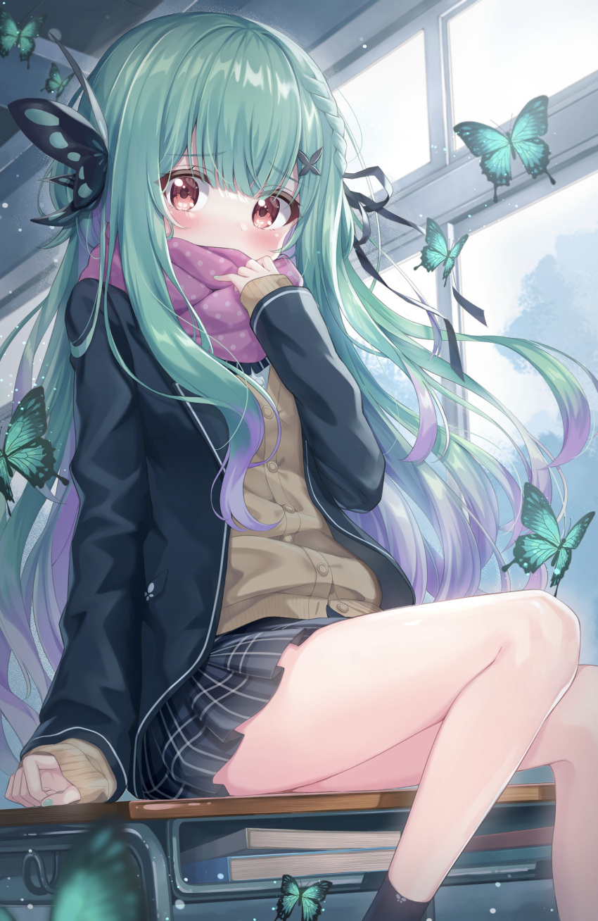 1girl, absurdres, bangs, black_jacket, black_ribbon, blunt_bangs, blurry, blurry_foreground, blush, book, braid, bug, butterfly, butterfly_hair_ornament, cardigan, classroom, covered_mouth, desk, eyebrows_visible_through_hair, gradient_hair, green_hair, hair_ornament, hair_ribbon, highres, hololive, indoors, jacket, looking_at_viewer, multicolored_hair, open_clothes, open_jacket, plaid, plaid_skirt, pleated_skirt, polka_dot, polka_dot_scarf, purple_hair, purple_scarf, red_eyes, ribbon, scarf, scarf_over_mouth, school_desk, school_uniform, sitting, skirt, sleeves_past_wrists, solo, tyutaka0427, uruha_rushia, virtual_youtuber