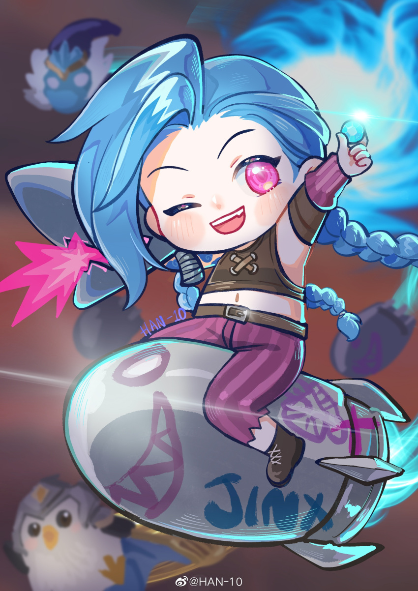 1girl, :d, absurdres, arcane:_league_of_legends, arcane_jinx, arm_up, asymmetrical_bangs, ball