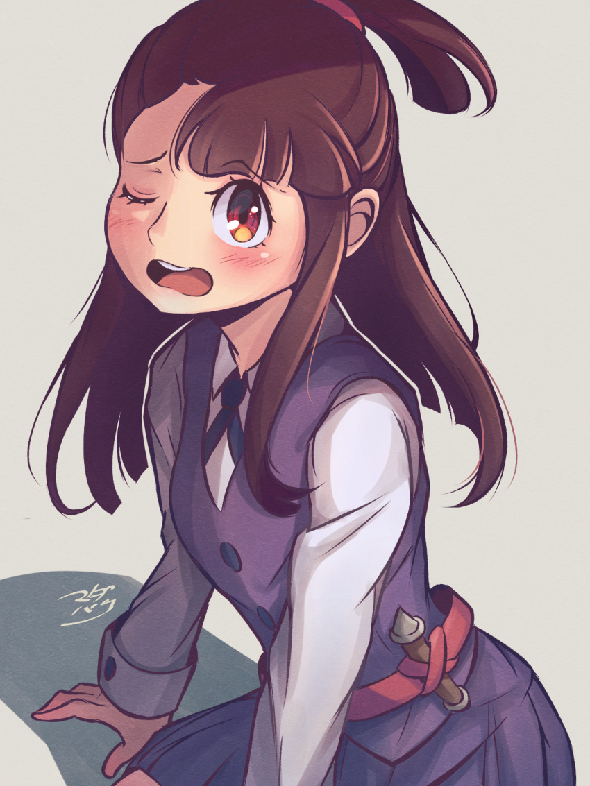 1girl, bangs, blue_dress, blush, brown_eyes, brown_hair, check_commentary, collared_shirt