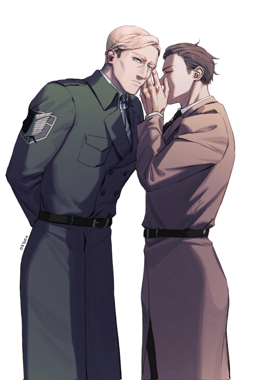 2boys, alternate_hairstyle, alternate_universe, belt, black_belt, blonde_hair, brown_eyes, brown_hair