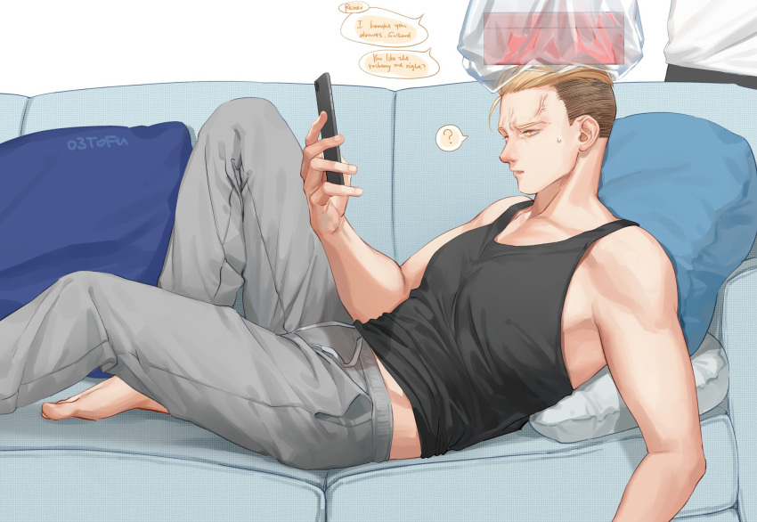 1boy, ?, anger_vein, blonde_hair, brown_eyes, brown_hair, couch, english_text