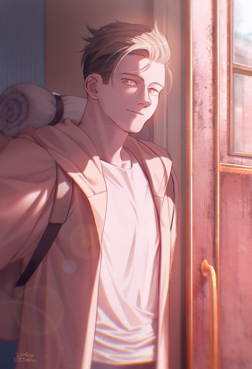 1boy, alternate_costume, backpack, bag, blonde_hair, brown_eyes, brown_hair, brown_theme