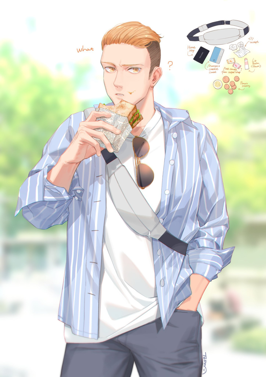 1boy, ?, backpack, bag, blue_shirt, brown_eyes, brown_hair, casual