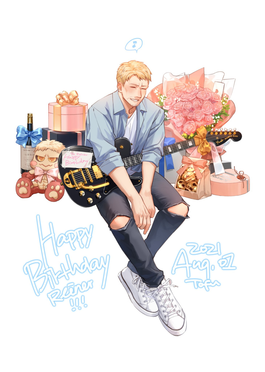 1boy, ^_^, aqua_shirt, armored_titan, blonde_hair, blush, bottle, bouquet