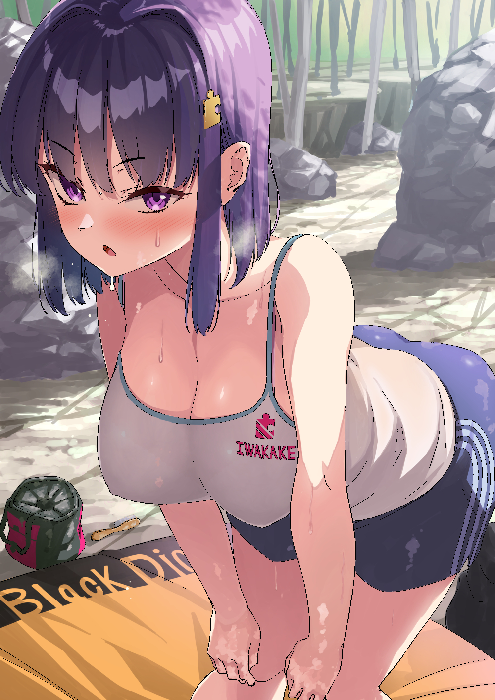 1girl, bag, beach_towel, blush, boulder, breasts, brush, clothes_writing