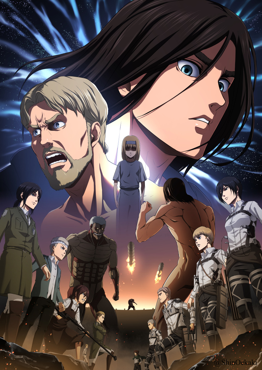 5girls, 6+boys, absurdres, aircraft, airship, armin_arlert, armored_titan, battle