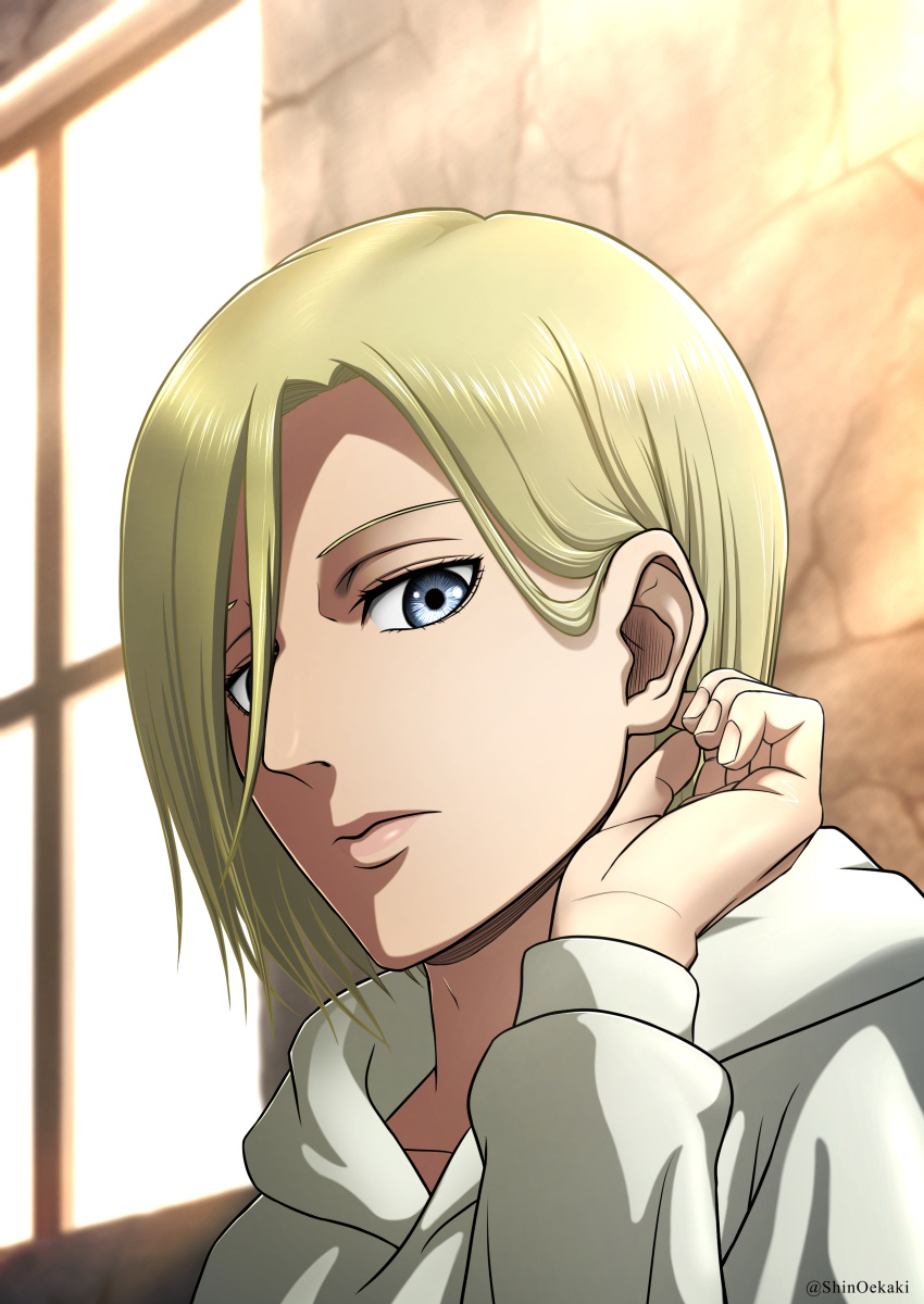1girl, absurdres, alternate_costume, alternate_hairstyle, annie_leonhardt, blonde_hair, blue_eyes, casual