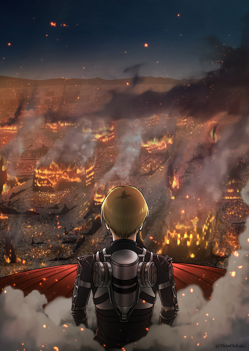 1boy, absurdres, armin_arlert, blonde_hair, colossal_titan, destruction, embers, fire