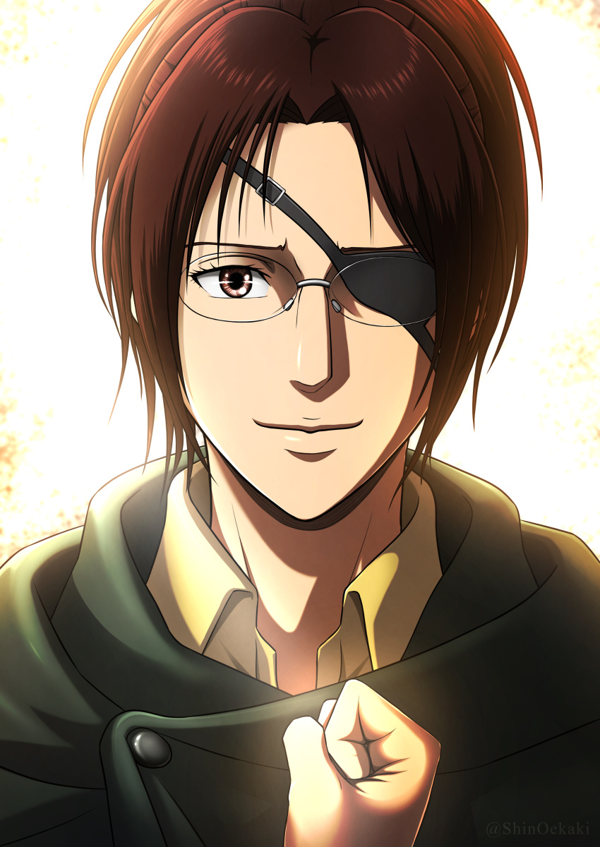 1girl, absurdres, backlighting, bangs, brown_eyes, brown_hair, collared_shirt, eyepatch