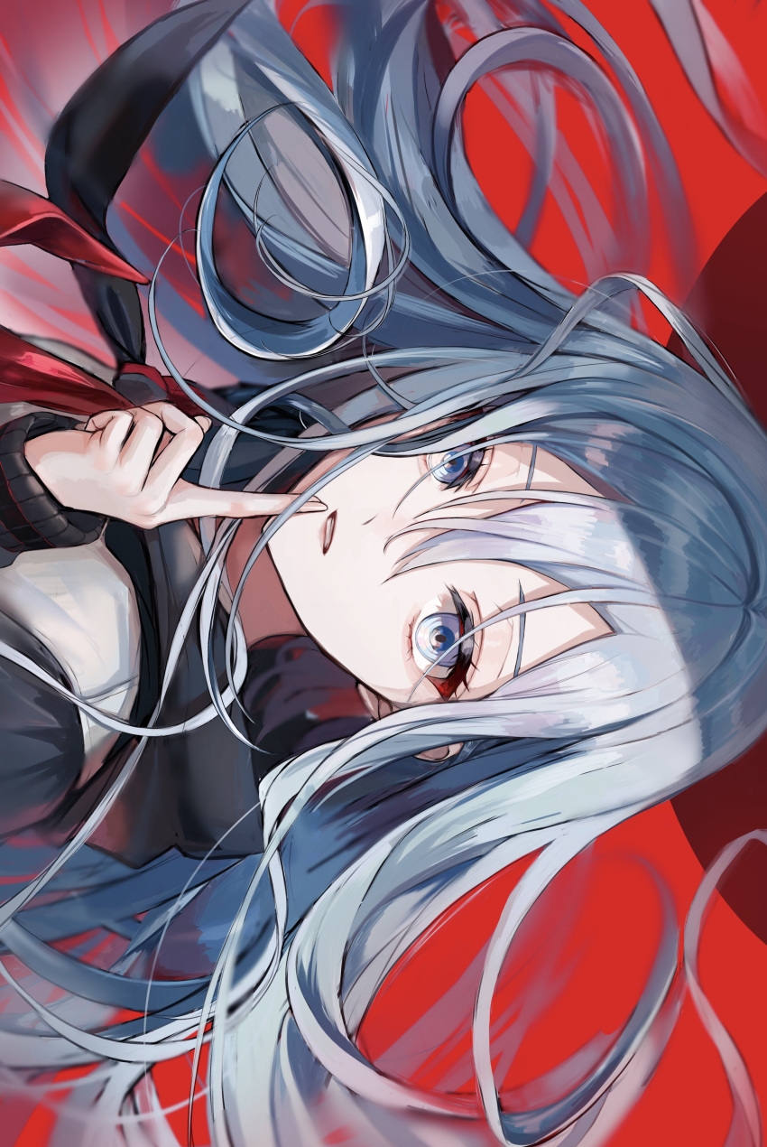 1girl, absurdres, bangs, black_hoodie, finger_to_mouth, hair_between_eyes, highres, hood