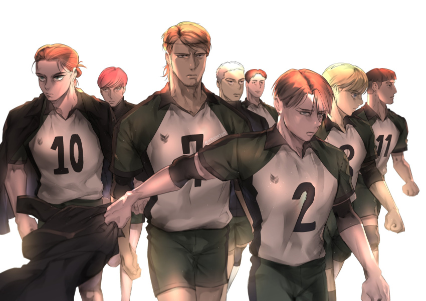 6+boys, alternate_costume, alternate_universe, armin_arlert, black_shorts, connie_springer, eren_yeager, facial_hair, feet_out_of_frame, floch_forster, frown, goatee, grabbing, height_difference, highres, jean_kirchstein, kyojinjoa, levi_(shingeki_no_kyojin), male_focus, marco_bodt, marlowe_freudenberg, multiple_boys, older, pectorals, shingeki_no_kyojin, short_hair, shorts, tied_hair, volleyball
