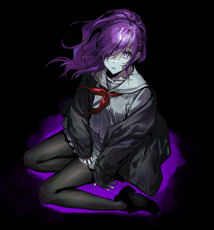 1girl, asahina_mafuyu, bangs, black_cardigan, cardigan, commentary_request, hair_over_one_eye, high_ponytail, highres, korean_commentary, long_hair, looking_at_viewer, pantyhose, project_sekai, purple_hair, school_uniform, serafuku, sitting, solo, solo_a, violet_eyes, wariza