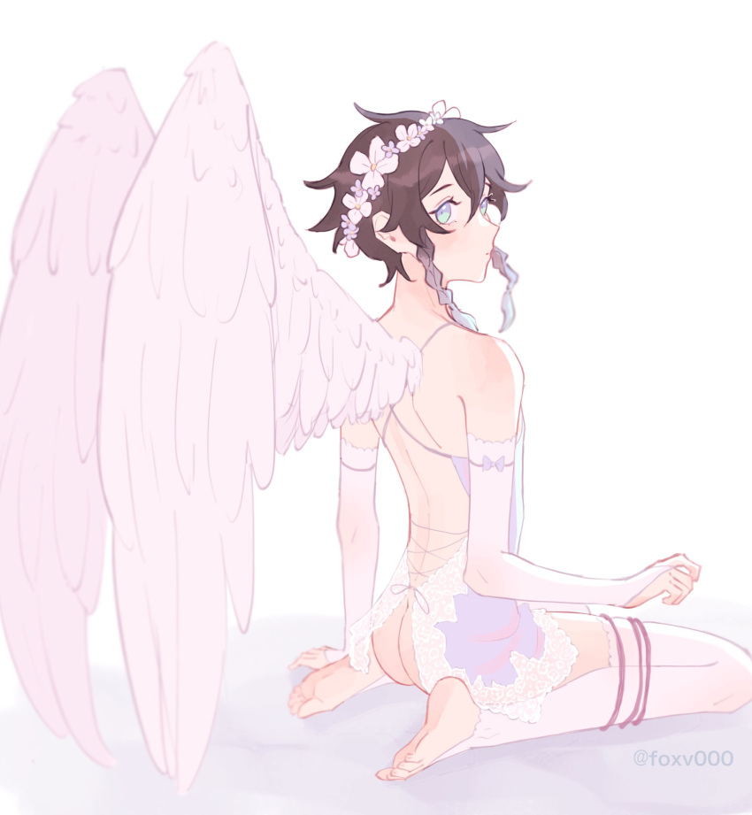 1boy, alternate_costume, barefoot, black_hair, blue_eyes, blue_hair, blush, braid, bridal_gauntlets, feathered_wings, foxv000, genshin_impact, gradient_hair, head_wreath, highres, lingerie, looking_at_viewer, male_focus, multicolored_hair, short_hair_with_long_locks, sitting, solo, twin_braids, underwear, venti_(genshin_impact), wariza, white_wings, wings