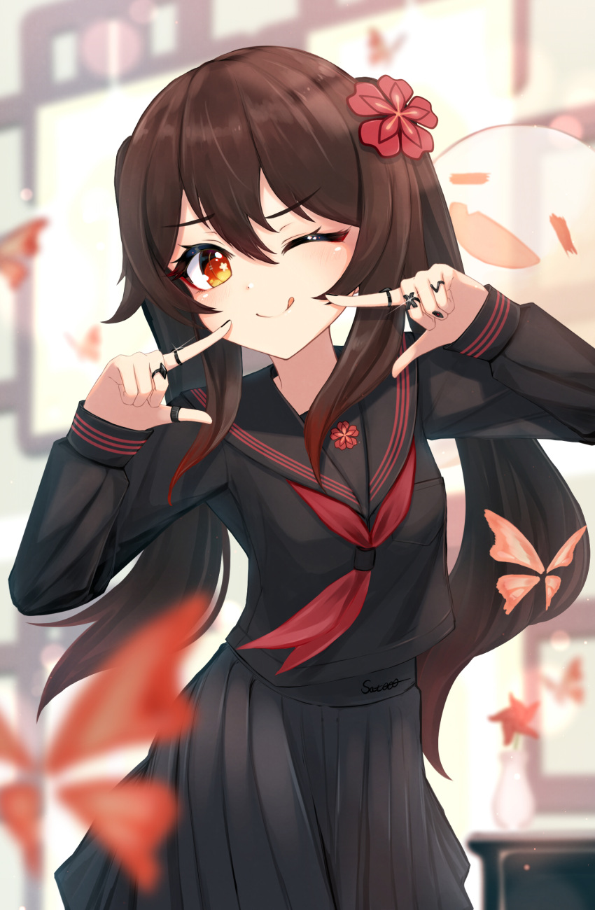 1girl, ;q, bangs, black_sailor_collar, black_serafuku, black_shirt, black_skirt, blurry
