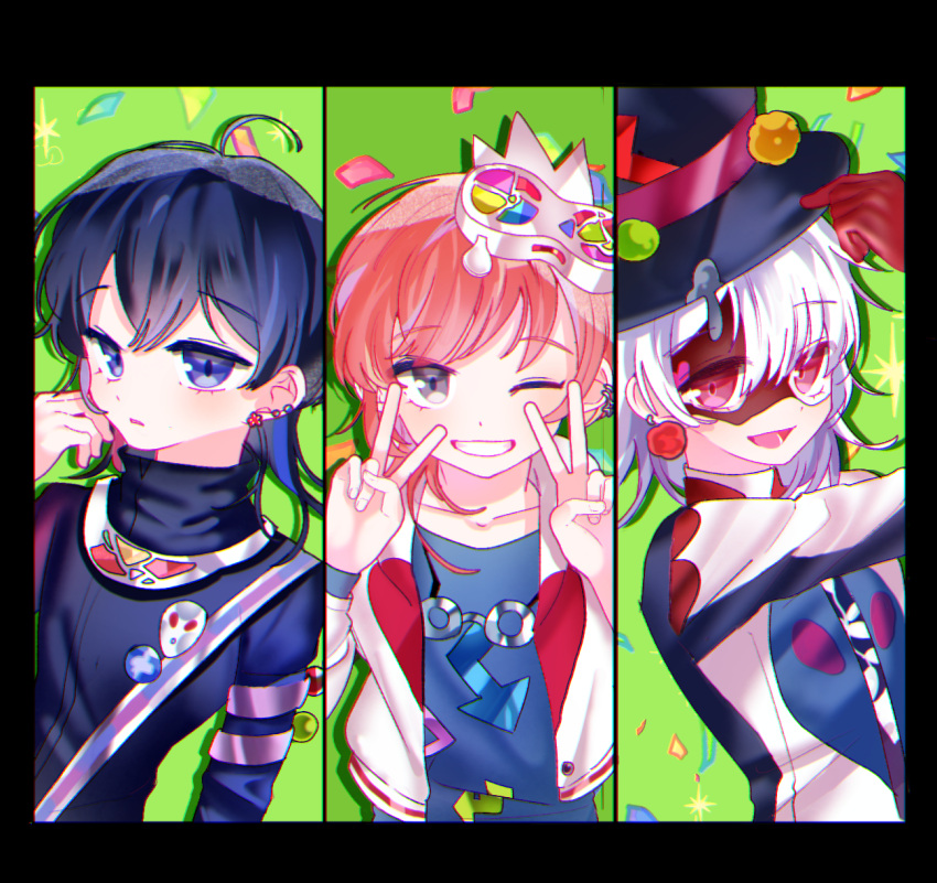 3boys, 6_(nsfw), a_(dear_vocalist), black_hair, blue_eyes, boy, dear_vocalist, ear_piercing