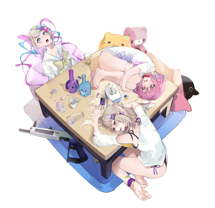 3girls, :o, aa-12, aa-12_(girls'_frontline), aa-12_(smokeless_lollipop)_(girls'_frontline), ass, bad_link, bandaid, bangs, barefoot, black_bra, black_panties, blue_eyes, blue_hair, blush, bong, bow, bowtie, bra, can, candy, carpet, cat_pillow, chouzetsusaikawa_tenshi-chan, cocaine, collar, credit_card, cup, drawfag, drill_hair, drinking_glass, drugged, drugs, earrings, fang, fetal_position, food, girls_frontline, gloomy_bear, gun, hair_cones, hair_ornament, hairclip, high, highres, hugging_own_legs, idolmaster, idolmaster_cinderella_girls, jewelry, legs, legs_apart, lollipop, long_hair, long_sleeves, lsd, multiple_girls, needy_girl_overdose, no_panties, off-shoulder_shirt, off_shoulder, on_table, open_eyes, open_mouth, packet, panties, pill, pill_earrings, pink_collar, pink_eyes, pink_hair, platinum_blonde_hair, sailor_collar, saliva, school_uniform, serafuku, shirt, short_hair, shotgun, side-tie_panties, sidelocks, sitting, spill, star_(symbol), star_hair_ornament, stuffed_toy, t-shirt, table, tears, tissue, tissue_box, twin_drills, underwear, very_long_hair, weapon, white_sailor_collar, white_serafuku, white_shirt, yellow_bow, yellow_bowtie, yumemi_riamu