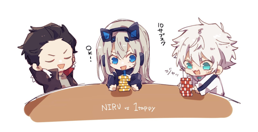 1girl, 2boys, aimai_(aimailskl), black_dress, black_hair, black_jacket, blonde_hair, blue_eyes